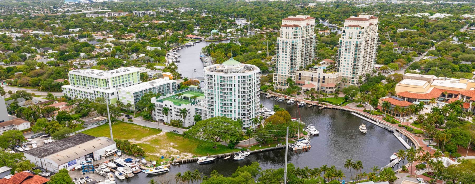 aerial view of river through a city